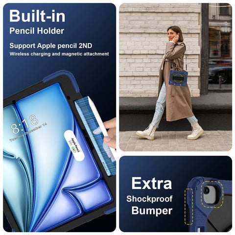 For iPad Air 13 (2026) / (2025) / (2024) Case Silicone + PC Kickstand Tablet Cover with Handy Strap, Shoulder Strap