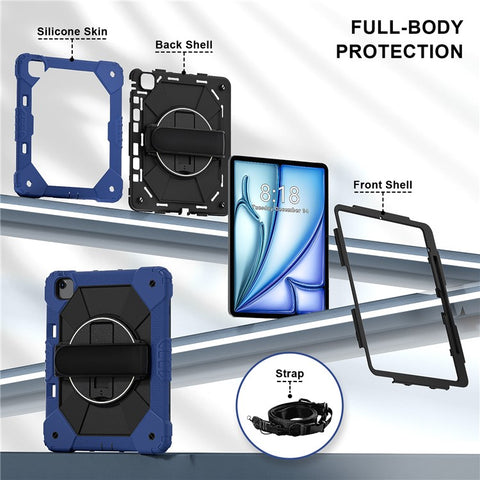 For iPad Air 13 (2026) / (2025) / (2024) Case Silicone + PC Kickstand Tablet Cover with Handy Strap, Shoulder Strap