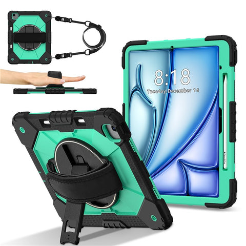 For iPad Air 13 (2026) / (2025) / (2024) Case Silicone + PC Kickstand Tablet Cover with Handy Strap, Shoulder Strap