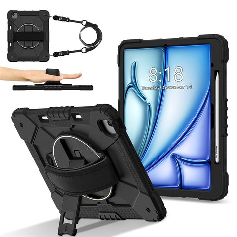 For iPad Air 13 (2026) / (2025) / (2024) Case Silicone + PC Kickstand Tablet Cover with Handy Strap, Shoulder Strap
