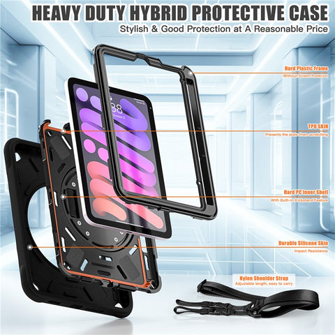 For iPad mini (2024) / (2021) Case with Shoulder Strap Kickstand PC + Silicone + TPU Tablet Cover