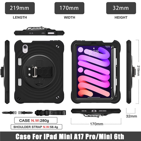 For iPad mini (2024) / (2021) Case with Shoulder Strap Kickstand PC + Silicone + TPU Tablet Cover