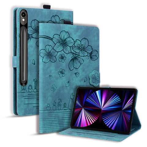 For Samsung Galaxy Tab S10 FE+ Case Flip Stand Leather Phone Cover Cherry Blossom Cat Imprinted