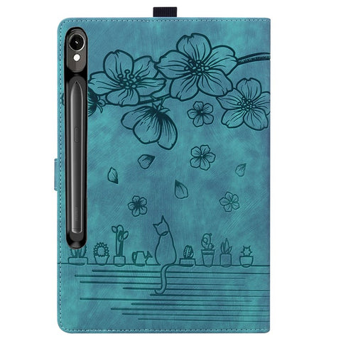 For Samsung Galaxy Tab S10 FE+ Case Flip Stand Leather Phone Cover Cherry Blossom Cat Imprinted