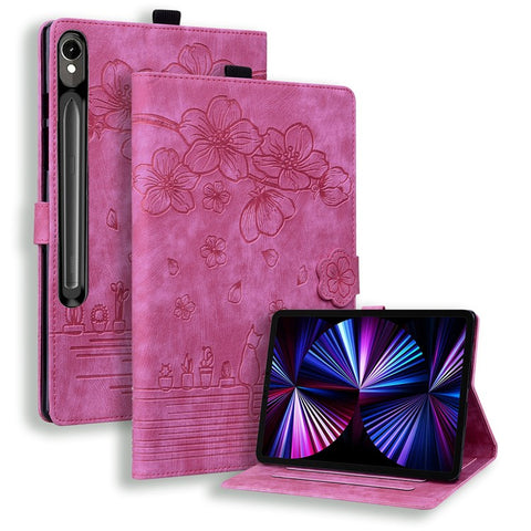 For Samsung Galaxy Tab S10 FE+ Case Flip Stand Leather Phone Cover Cherry Blossom Cat Imprinted