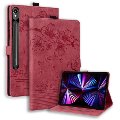 For Samsung Galaxy Tab S10 FE+ Case Flip Stand Leather Phone Cover Cherry Blossom Cat Imprinted