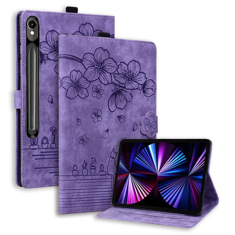 For Samsung Galaxy Tab S10 FE+ Case Flip Stand Leather Phone Cover Cherry Blossom Cat Imprinted