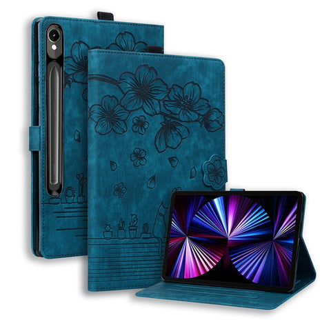 For Samsung Galaxy Tab S10 FE+ Case Flip Stand Leather Phone Cover Cherry Blossom Cat Imprinted