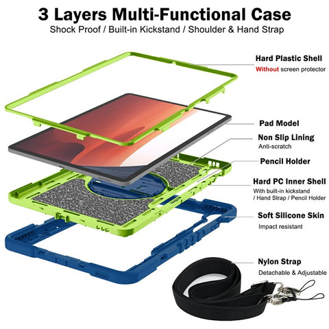 For Samsung Galaxy Tab S10 FE+ Tablet Case Silicone+PC Shockproof Cover with Kickstand Shoulder Strap