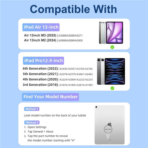 Tablet Case For iPad Air 13 (2026) / (2025) / (2024) / iPad Pro 12.9 (2022) / (2021) / (2020) / (2018) , Stand Magnetic Detachable Cover with Auto Sleep Wake