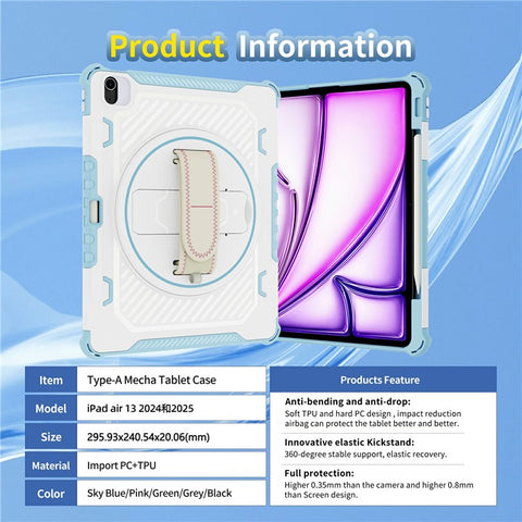 For iPad Air 13 (2026) / (2025) / (2024) Case Kickstand PC + TPU Shockproof Tablet Cover With Hand Strap / Pen Slot