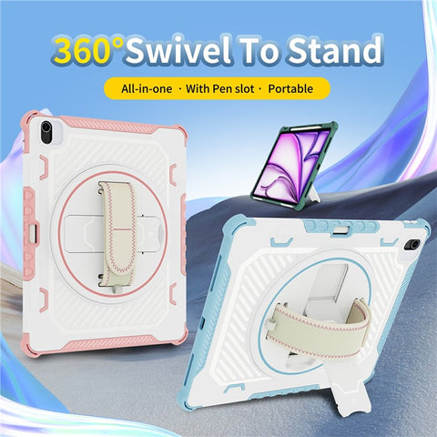 For iPad Air 13 (2026) / (2025) / (2024) Case Kickstand PC + TPU Shockproof Tablet Cover With Hand Strap / Pen Slot