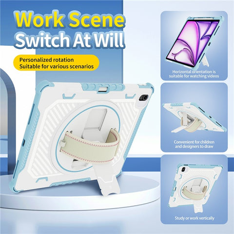 For iPad Air 13 (2026) / (2025) / (2024) Case Kickstand PC + TPU Shockproof Tablet Cover With Hand Strap / Pen Slot