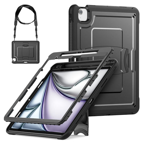 For iPad Air 13 (2026) / (2025) / (2024) Case Hidden Zinc Alloy Kickstand PC + TPE Tablet Cover with Shoulder Strap