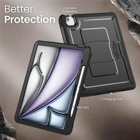 For iPad Air 13 (2026) / (2025) / (2024) Case Hidden Zinc Alloy Kickstand PC + TPE Tablet Cover with Shoulder Strap