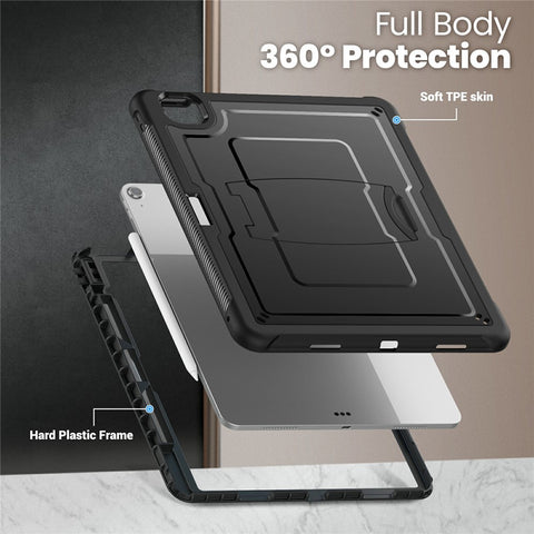 For iPad Air 13 (2026) / (2025) / (2024) Case Hidden Zinc Alloy Kickstand PC + TPE Tablet Cover with Shoulder Strap
