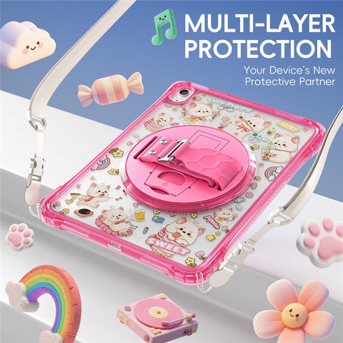 For iPad (2025)  /  10.9 (2022) Case Kickstand Hand Strap Imprint PC TPU Acrylic Cover with Shoulder Strap