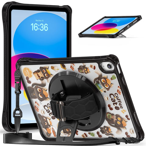 For iPad (2025)  /  10.9 (2022) Case Kickstand Hand Strap Imprint PC TPU Acrylic Cover with Shoulder Strap