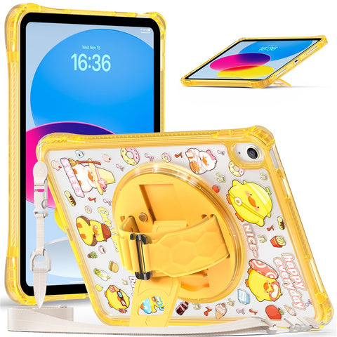 For iPad (2025)  /  10.9 (2022) Case Kickstand Hand Strap Imprint PC TPU Acrylic Cover with Shoulder Strap