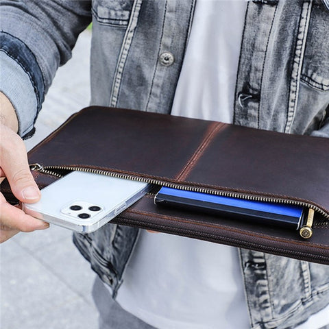 For MacBook Air 13 inch (2022) A2681 Carrying Pouch Cowhide Leather Zipper Storage Bag