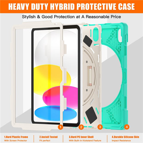 For iPad (2025) / 10.9 (2022) Kickstand PC + Silicone Tablet Case 360 Degree Rotation Hand Strap Shockproof Rugged Protective Cover