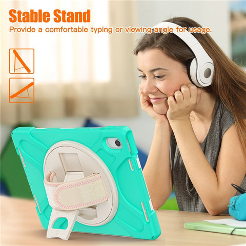 For iPad (2025) / 10.9 (2022) Kickstand PC + Silicone Tablet Case 360 Degree Rotation Hand Strap Shockproof Rugged Protective Cover