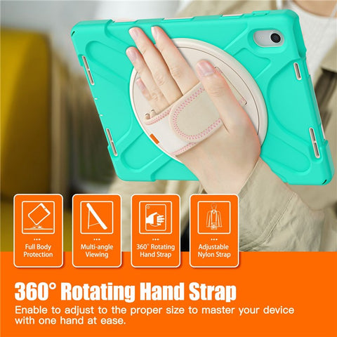 For iPad (2025) / 10.9 (2022) Kickstand PC + Silicone Tablet Case 360 Degree Rotation Hand Strap Shockproof Rugged Protective Cover