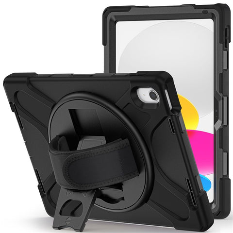 For iPad (2025) / 10.9 (2022) Kickstand PC + Silicone Tablet Case 360 Degree Rotation Hand Strap Shockproof Rugged Protective Cover