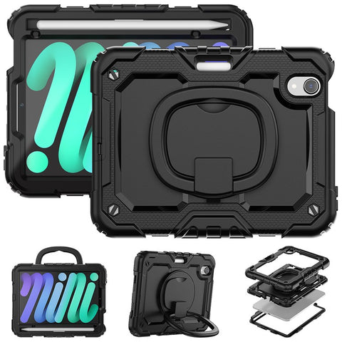 Drop-Proof Case for iPad mini (2024) / mini (2021) Anti-Scratch Tablet Case PC + Silicone Shockproof Cover 360-Degree Rotating Kickstand Case with Shoulder Strap