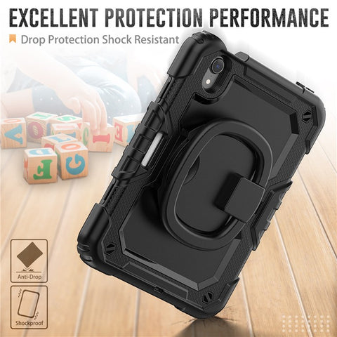 Drop-Proof Case for iPad mini (2024) / mini (2021) Anti-Scratch Tablet Case PC + Silicone Shockproof Cover 360-Degree Rotating Kickstand Case with Shoulder Strap