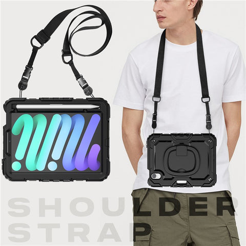 Drop-Proof Case for iPad mini (2024) / mini (2021) Anti-Scratch Tablet Case PC + Silicone Shockproof Cover 360-Degree Rotating Kickstand Case with Shoulder Strap