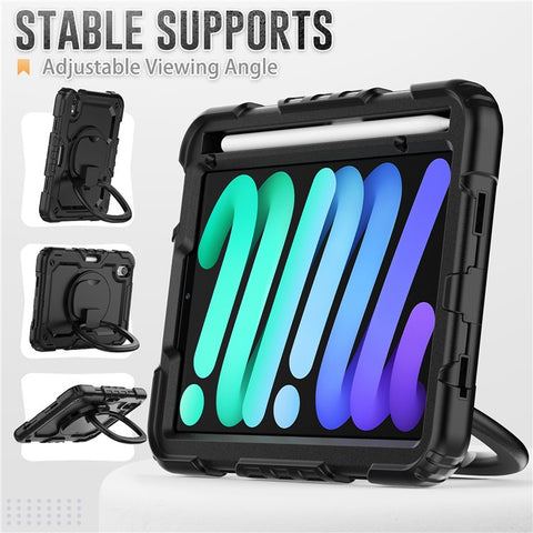 Drop-Proof Case for iPad mini (2024) / mini (2021) Anti-Scratch Tablet Case PC + Silicone Shockproof Cover 360-Degree Rotating Kickstand Case with Shoulder Strap