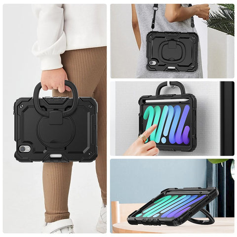 Drop-Proof Case for iPad mini (2024) / mini (2021) Anti-Scratch Tablet Case PC + Silicone Shockproof Cover 360-Degree Rotating Kickstand Case with Shoulder Strap