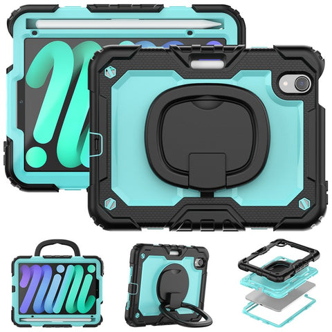 Drop-Proof Case for iPad mini (2024) / mini (2021) Anti-Scratch Tablet Case PC + Silicone Shockproof Cover 360-Degree Rotating Kickstand Case with Shoulder Strap