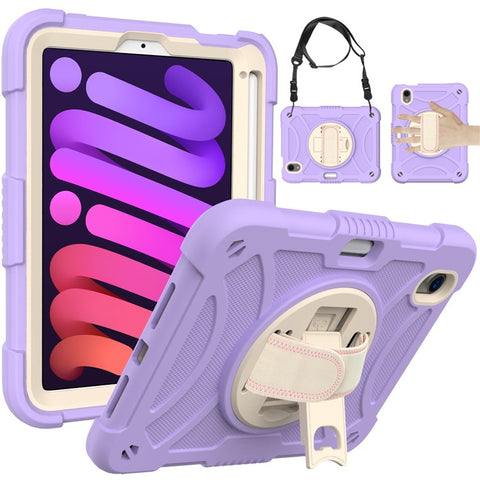 For iPad mini (2024) / mini (2021) Tablet Case Silicone+PC Rotating Kickstand Cover with Pencil Holder / Shoulder Strap