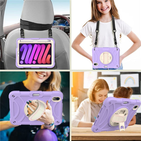 For iPad mini (2024) / mini (2021) Tablet Case Silicone+PC Rotating Kickstand Cover with Pencil Holder / Shoulder Strap