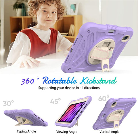 For iPad mini (2024) / mini (2021) Tablet Case Silicone+PC Rotating Kickstand Cover with Pencil Holder / Shoulder Strap