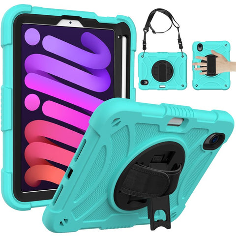 For iPad mini (2024) / mini (2021) Tablet Case Silicone+PC Rotating Kickstand Cover with Pencil Holder / Shoulder Strap