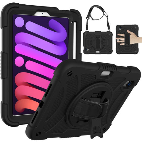 For iPad mini (2024) / mini (2021) Tablet Case Silicone+PC Rotating Kickstand Cover with Pencil Holder / Shoulder Strap