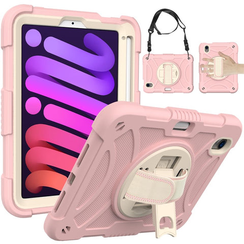 For iPad mini (2024) / mini (2021) Tablet Case Silicone+PC Rotating Kickstand Cover with Pencil Holder / Shoulder Strap