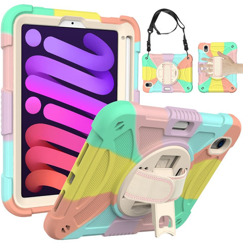 For iPad mini (2024) / mini (2021) Tablet Case Silicone+PC Rotating Kickstand Cover with Pencil Holder / Shoulder Strap