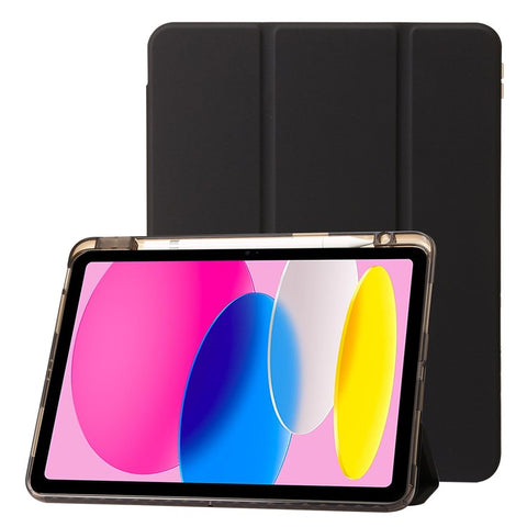 For iPad (2025) / 10.9 (2022) Tri-Fold Stand Smart Case PU Leather Transparent Acrylic+TPU Tablet Cover