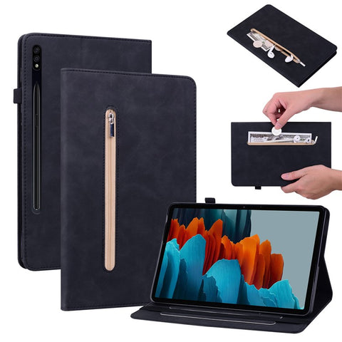 For Samsung Galaxy Tab S9 PU Leather Flip Stand Shell Zipper Pocket Card Slots Wallet Tablet Case