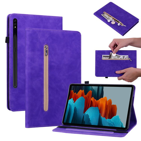 For Samsung Galaxy Tab S9 PU Leather Flip Stand Shell Zipper Pocket Card Slots Wallet Tablet Case