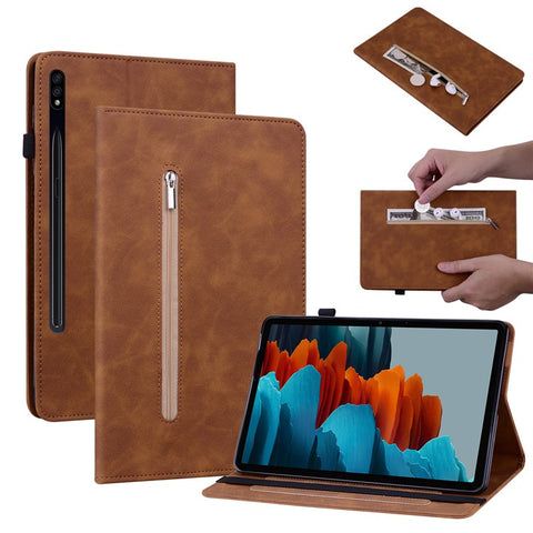 For Samsung Galaxy Tab S9 PU Leather Flip Stand Shell Zipper Pocket Card Slots Wallet Tablet Case