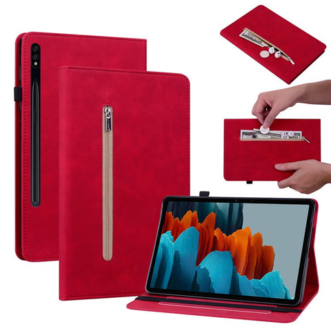 For Samsung Galaxy Tab S9 PU Leather Flip Stand Shell Zipper Pocket Card Slots Wallet Tablet Case