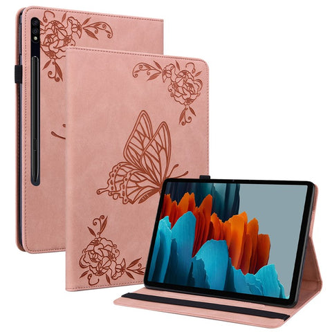 For Samsung Galaxy Tab S10 FE / S9 FE / S9 PU Leather Stand Cover Imprinted Butterfly Flower Card Holder Tablet Case