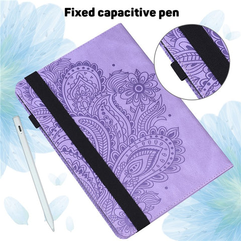 For Samsung Galaxy Tab S10 FE / S9 FE / S9 PU Leather Card Holder Tablet Case Flower Imprinting Support Stand Cover