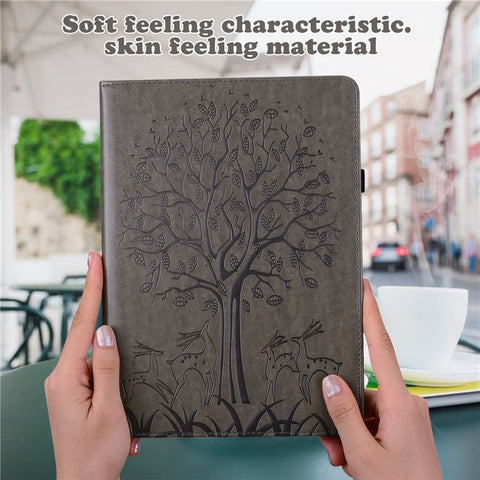 For Samsung Galaxy Tab S10 FE / S9 FE / S9 Tree Deer Imprinted Stand Cover PU Leather Card Holder Tablet Case
