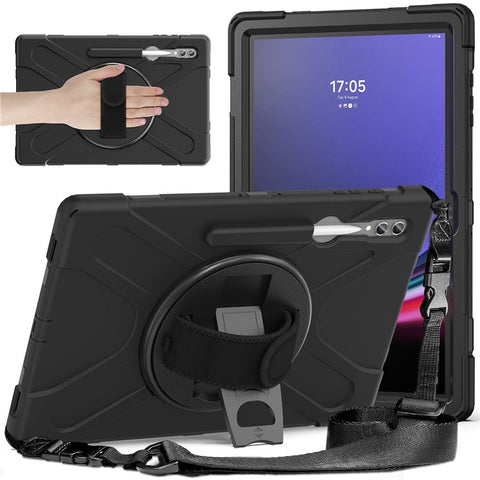 For Samsung Galaxy Tab S10 Ultra X920 / S9 Ultra X910 / S8 Ultra X900 / X906 PC+Silicone Tablet Case Hand Band Kickstand with Shoulder Strap